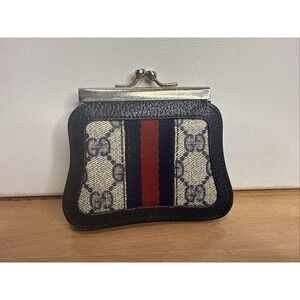 Vintage Gucci Accessory Collection Kiss Lock Coin Purse GG Monogram Web Stripe